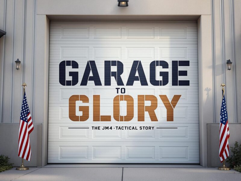 A clean Texas garage door in daylight, partially open, with bold text reading “Garage to Glory” and a subtitle “The JM4 Tactical Story.” American and Texas flag decals are visible near the door, symbolizing new beginnings, craftsmanship, and patriotic pride.