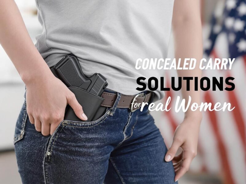 Confident woman in everyday clothing discreetly carrying a concealed firearm with a universal holster, standing against a subtle patriotic background. Text reads: 'Concealed Carry Solutions for Real Women.